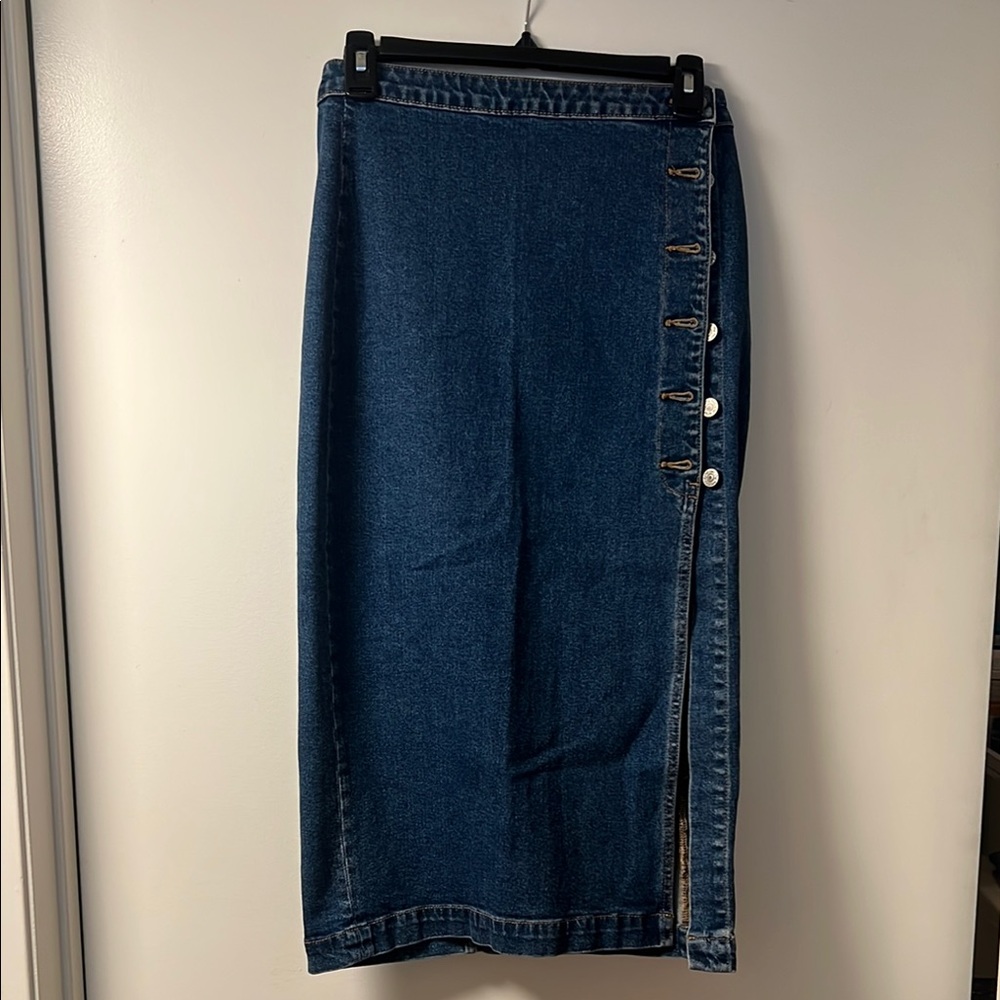 Free People Dark Blue Button-Side Denim Midi Skirt